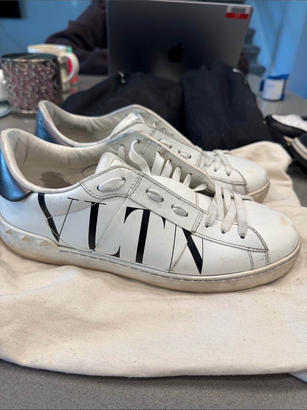 Valentino White Leather Low-Top Sneakers with Black Logo